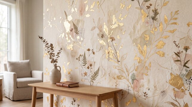 Modern Living Room Interior with Floral Gold Leaf Wallpaper