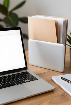 Remote work and home office setup laptop with blank screen documents in folder and notebook on a wooden desk