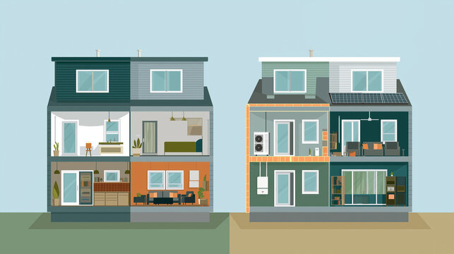 Modern split-level houses cross-section view