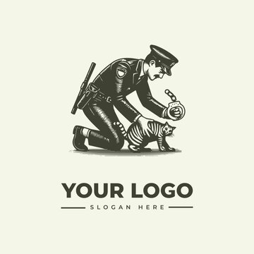 Vintage style illustration of a police officer kneeling to handcuff a small tabby cat.