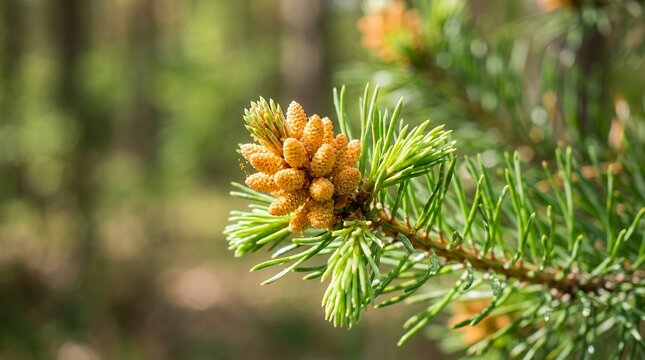 Close up macro shot of young vibrant orange conifer pollen cones blooming at the tip of a fresh green pine branch with soft needle leaves during early spring season