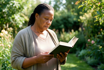 Fototapeta premium Healthy aging and leisure activity, mature african american woman reading a book outdoors in a green garden