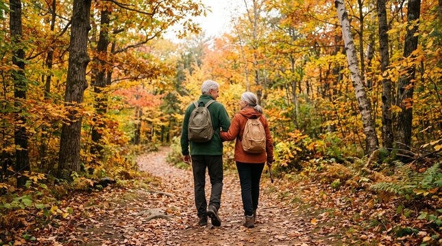 Elderly couple holding hands walking on a path in an autumn forest with colorful foliage and fallen leaves