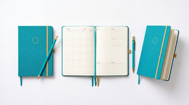 Three teal notebooks and matching pencils on a desk