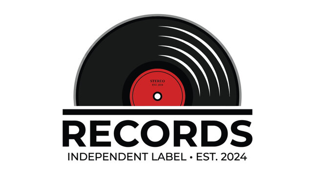 Black vinyl record graphic featuring a bold red center label for modern independent music brands
