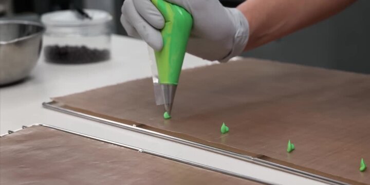 A close-up shot of a pastry chef wearing a white glove using a clear piping bag with a metal tip. The chef carefully pipes bright neon green macaron batter or frosting onto a brown non-stick silicone 
