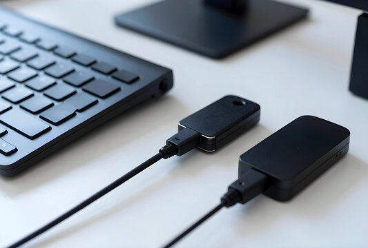 Data security and digital privacy, usb dongles connected to cables on a white desk with a keyboard