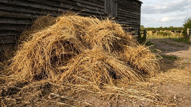 Textured pile of golden dried wild grass straw harvested for agricultural livestock nourishment hay dried grass straw animal feed livestock farming agriculture harvest pasture