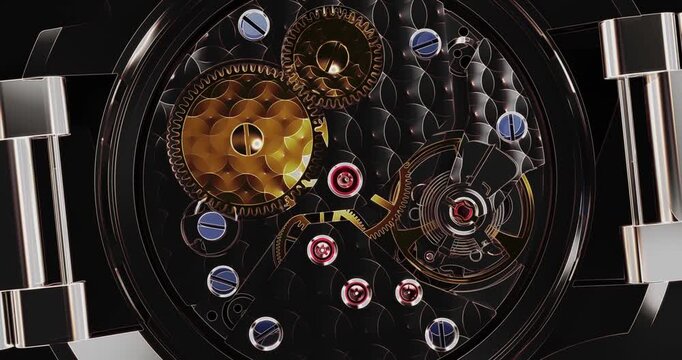Mechanical watch movement with jewel bearings and rotating gears macro view.