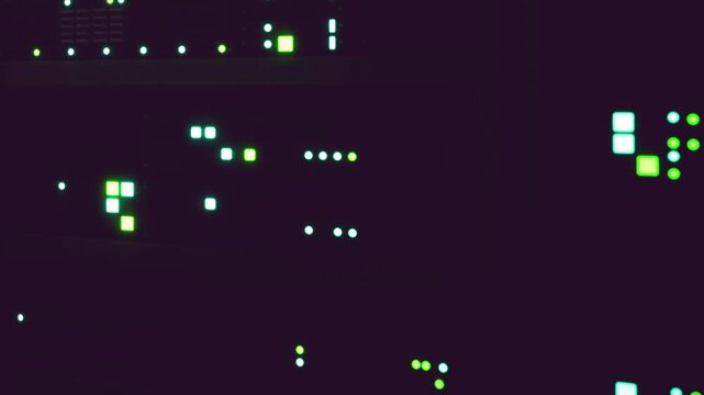 A view of a server rack filled with glowing lights indicating various activities. This scene shows a busy environment where technical tasks are ongoing late at night.