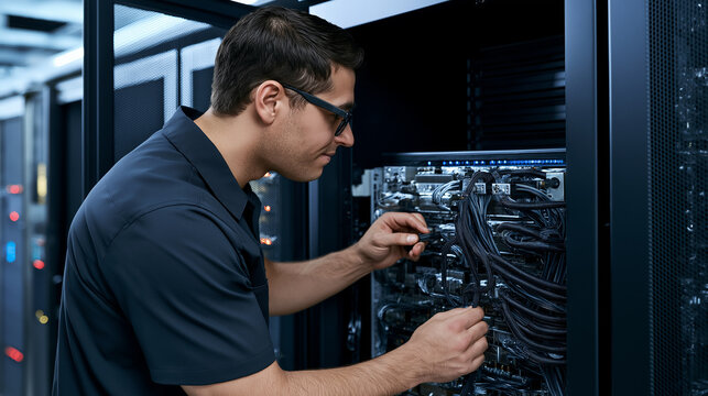 Technician connecting server cables