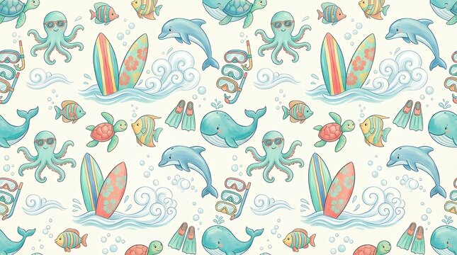 Whimsical Marine Life Continuous Design Hand Drawn Seasonal Elements Repeating Layout Playful resort vacation print featuring floating aquatic creatures wave boards soft vapors and diving gear for