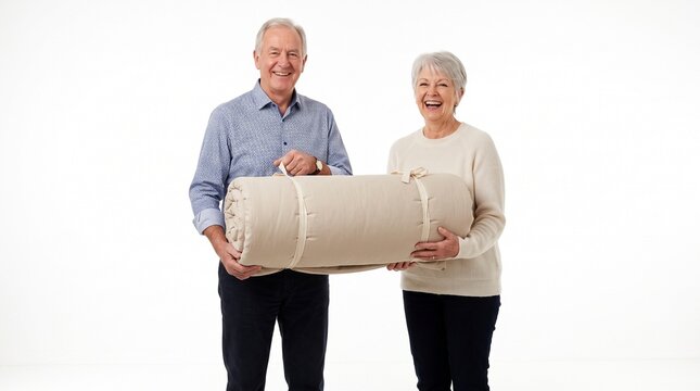 Happy senior couple holding a rolled up mattress or sleeping bag with handles and straps
