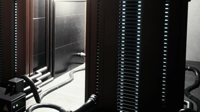 A machine with vertical lights stands in a dim room. The machine has several tubes connected to it. The floor is tiled and the walls are dark.