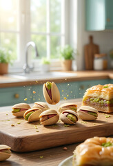 Plakat Healthy snacking and mediterranean cuisine, pistachios falling onto a wooden board with baklava in a bright kitchen
