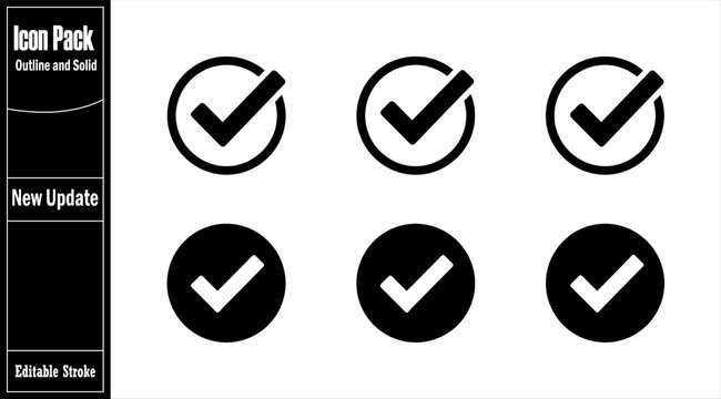 Minimalist Line Icon Vector Black checkmark icons in outline circles and solid fill shapes for new update and editable stroke designs.