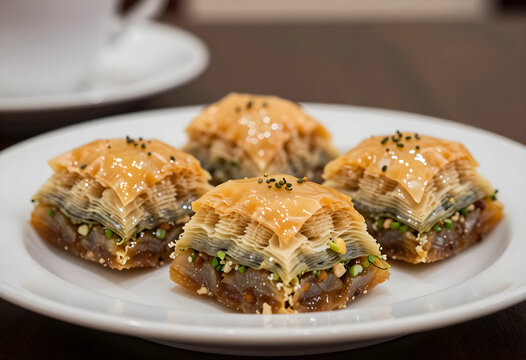 Middle eastern dessert baklava, traditional turkish sweet pastry with nuts and syrup, delicious oriental food on a white plate