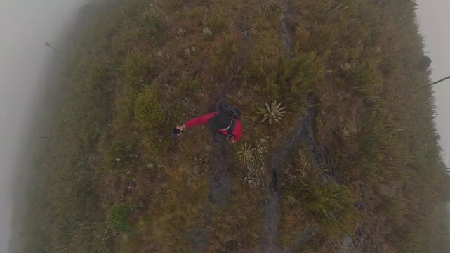 Aerial view of hiker exploring colombian paramo