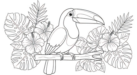 Fototapeta premium Toucan bird sitting on a branch with tropical flowers and leaves line art isolated on transparent background