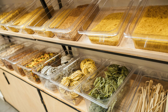 Bulk pasta and grains in natural food store