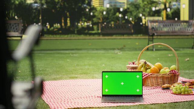 Green screen laptop mockup sits near a picnic basket with fresh fruits and orange juice in a public park, showing screen replacement use beside picnic food during summertime leisure.