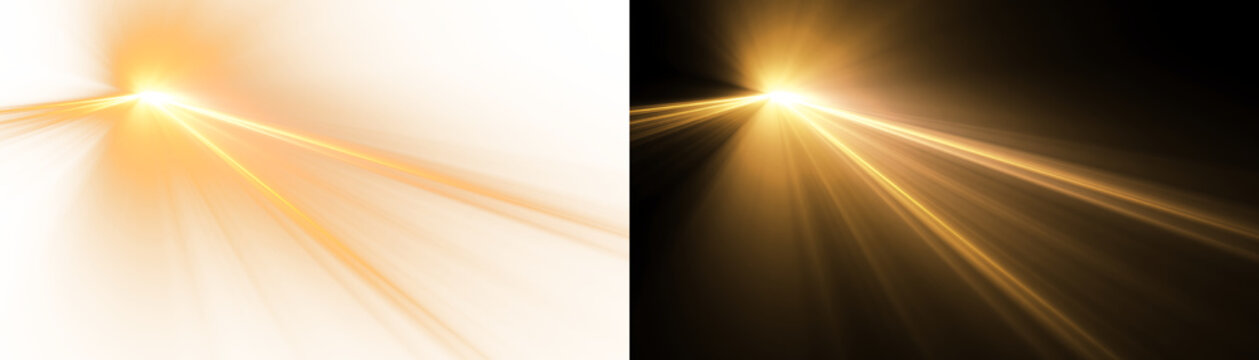 A golden sun flare with bright rays, lens flare, and a bright sunlight overlay PNG. Sun flare. A golden flash and lens flare.