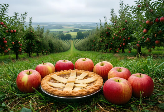 Autumn harvest and apple pie baking, fresh red apples and homemade pie in an orchard with fruit trees