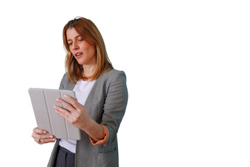 Fototapeta premium Businesswoman standing, communicating, and interacting with a digital tablet, managing work, with a transparent background