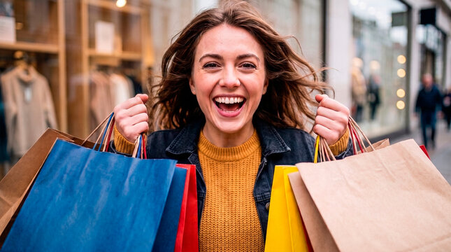 Excited Woman With Shopping Bags Full of Purchases