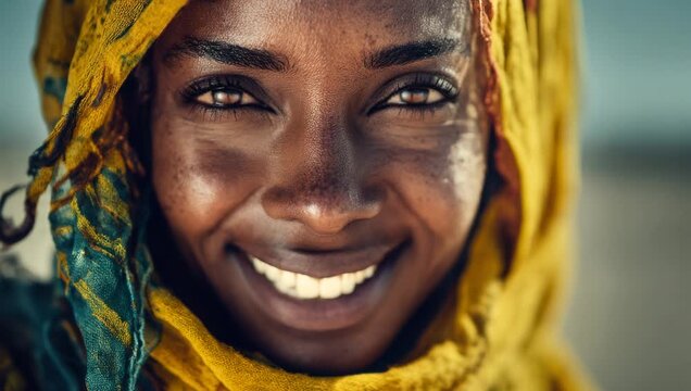 Close Up Portrait of Smiling Black Woman in Yellow Headscarf