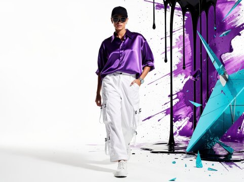 Stylish woman in purple satin shirt and white cargo pants walking on abstract background