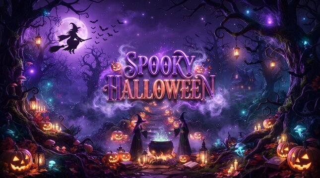 Spooky halloween background with witches brewing a potion in a dark forest