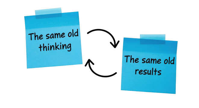 Sticky notes showing the same old thinking leads to same old results isolated on transparent background