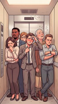 Crowded and uncomfortable people sweating in a stuffy elevator