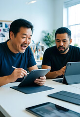 Obraz premium Digital collaboration and creative teamwork, two men working with tablets and stylus in a modern office setting