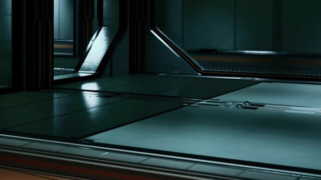 A dark room with shiny floors and metallic walls shows simple reflections. The space has sharp angles and geometric shapes. Light shines from different directions creating shadows.