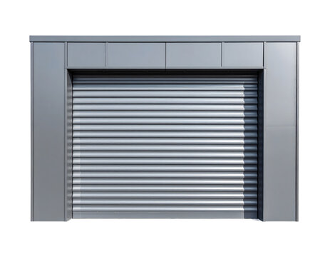 Modern grey metal roller shutter door for commercial shop entrance or secure garage storage unit isolated on transparent background