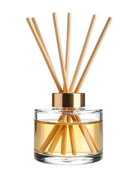 Reed diffuser glass bottle with essential oil and wooden sticks for home fragrance aromatherapy isolated on transparent background