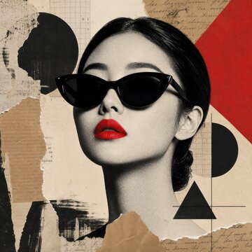 Stylish woman with red lips and sunglasses in a modern collage art portrait