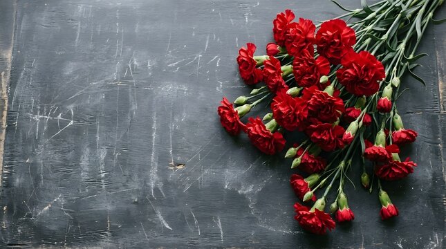 Vibrant red carnation bouquet on a textured gray background with dramatic lighting and shadow
