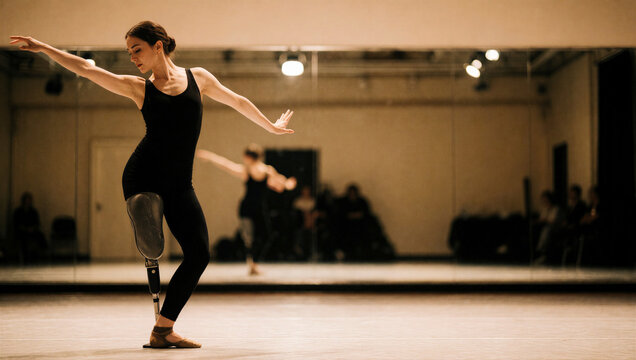Ballet dancer with a prosthetic leg practicing in a dance studio