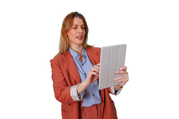 Businesswoman using a digital tablet for communication and work productivity, managing her professional career © Komora