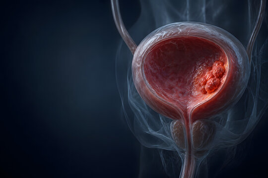 Photorealistic medical illustration of bladder cancer with a malignant tumor growing inside the bladder wall, showing detailed anatomy with copy space for healthcare concepts.
