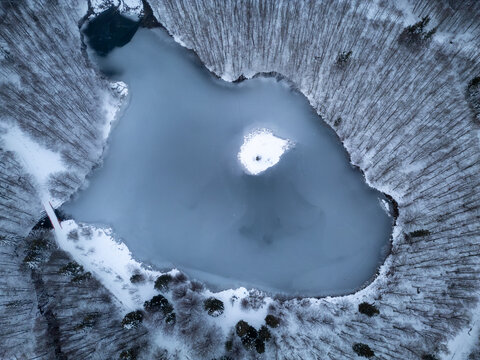 Aerial view of Parco Nazionale dell'Appennino Tosco-Emiliano featuring a frozen lake surrounded by snow-covered trees in Sassalbo, Massa e Carrara, Italy.