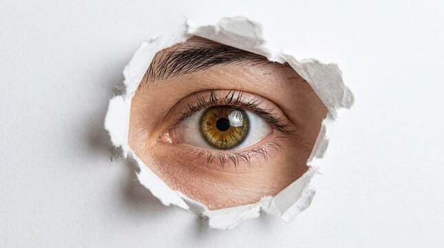Close up of human eye peering through torn paper hole against white background with circular hole sheet looks out through natural light face detail hole punch iris color uncluttered perspective