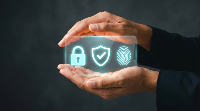 Professional businessman holding glowing digital interface displaying cybersecurity icons including a security shield lock and fingerprint for advanced data protection