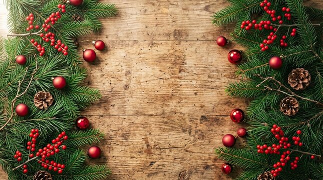 Decorative evergreen branches with berries and ornaments on rustic wooden background with pinecones spherical decorations wooden surface adorned textured surface festive greenery holiday themed