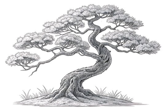 Graceful bonsai tree with twisted trunk and branches illustration