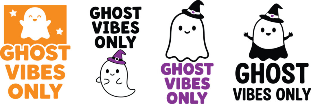 Cute Halloween Characters T-Shirt Design Set with Ghosts, Cats and Trick-or-Treat Themes