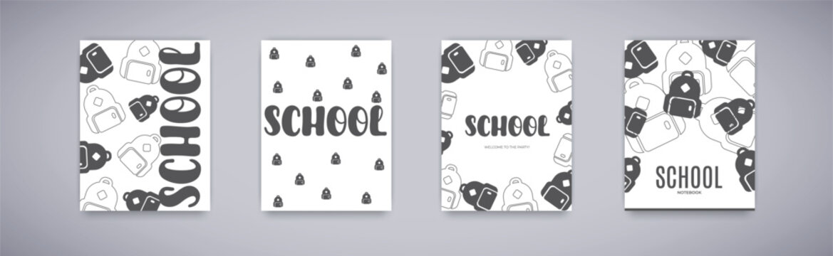 Posters with school backpack in modern black and white style. School text.